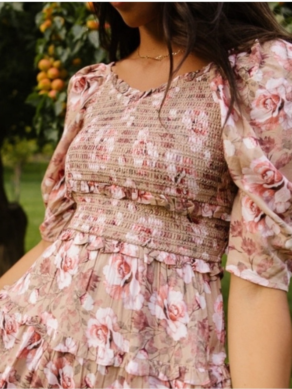 Ivy City Co Floral Giselle Smocked Midi Dress in Blush and Cream